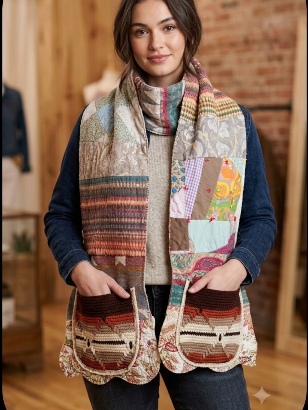 Upcycled Vtg Textiles Patch Scarf W/ Pockets/hand Warmers Dont Throw It Out